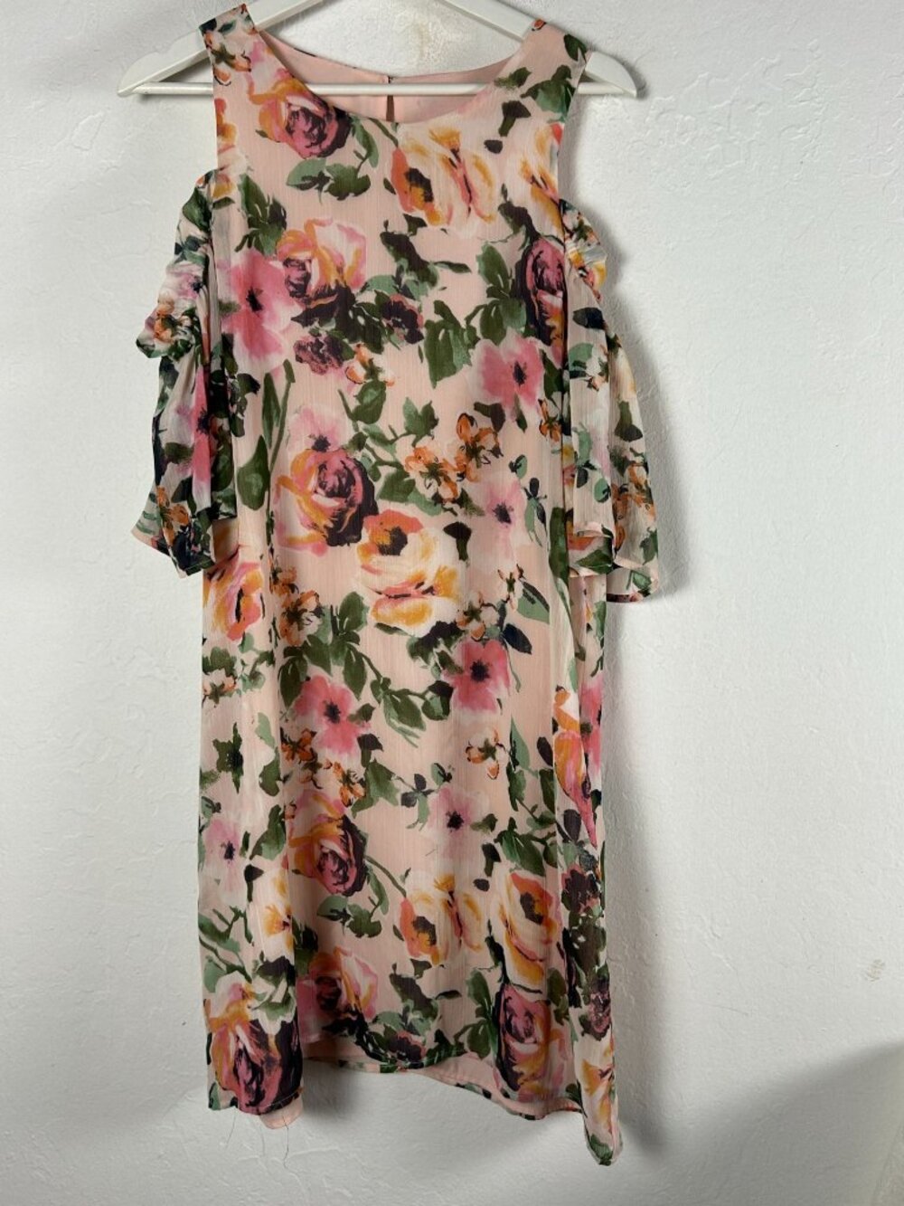 Womens Pink Green Floral Print Cold Shoulder Shift Dress Lined Casual Summer